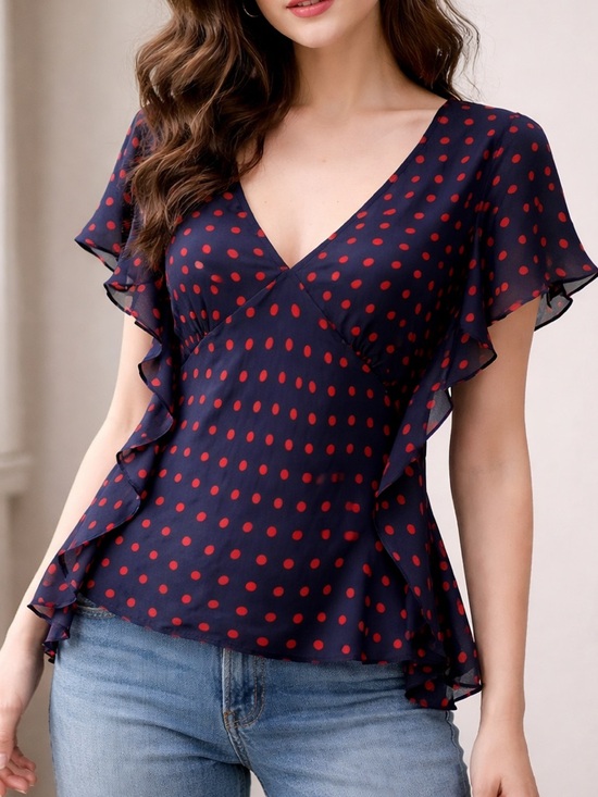 Lauren Ralph Lauren Tops - Lauren Ralph Lauren Vintage Blue & Red Polka Dot Flutter Hem Silk Blouse size PL